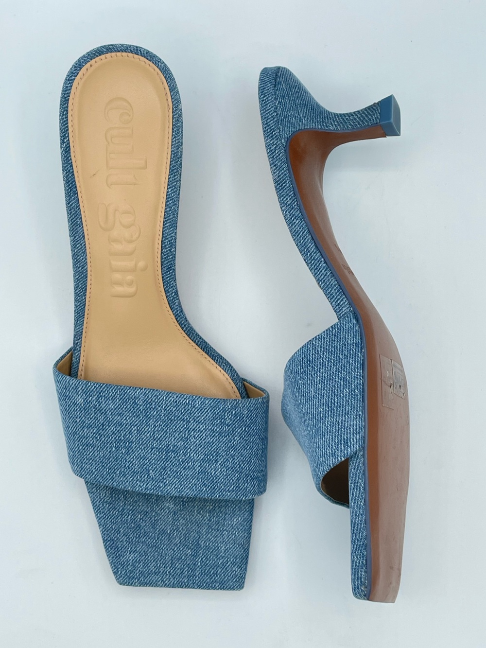 CULT GAIA Ada Denim Blue Square Toe Kitten Heel Mule Sandals EU 38.5